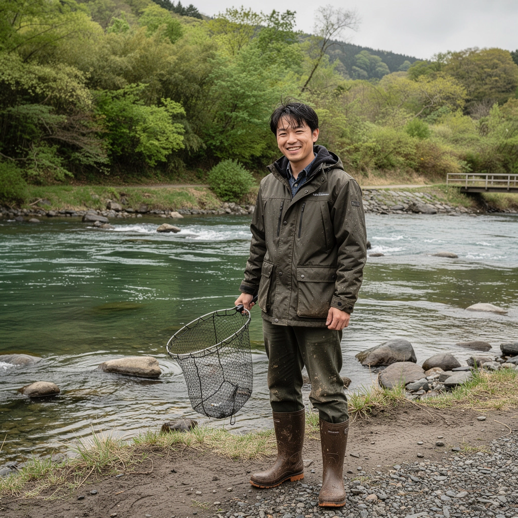季節に応じた釣り具の展示と説明パネル